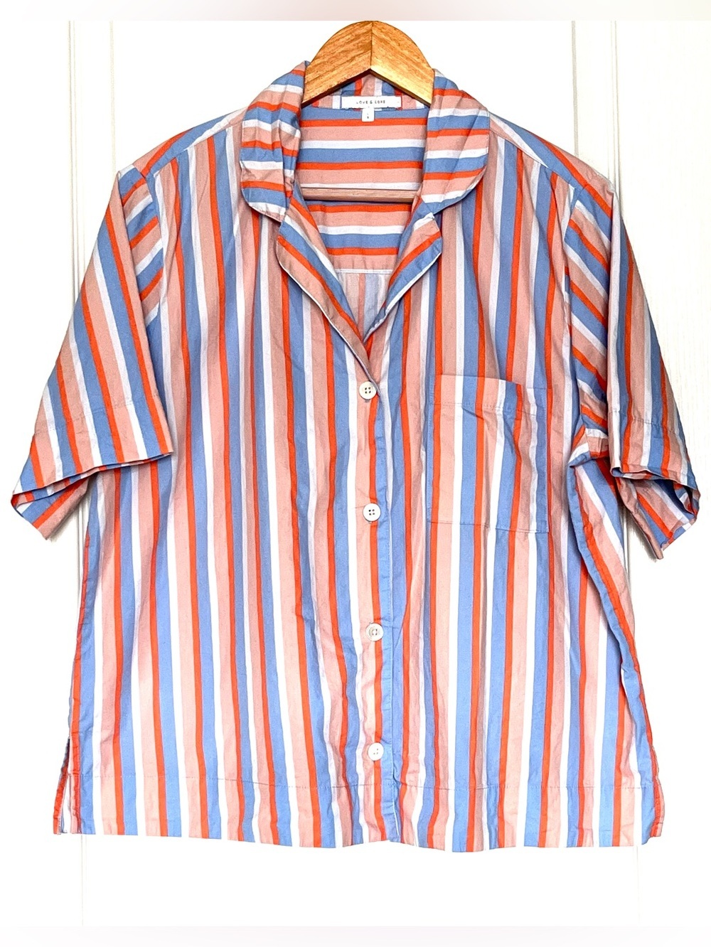 Love & Lore 100% Organic Cotton Striped Pajama Top Blouse Size M Cozy Boxy Fit